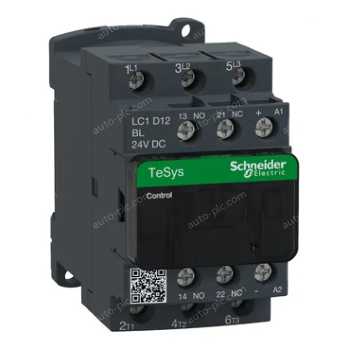 LC1D12BL IEC contactor, TeSys Deca, nonreversing, 12A, 7.5HP at 480VAC, up to 100kA SCCR, 3 phase, 3 NO, low consumption 24 VDC coil