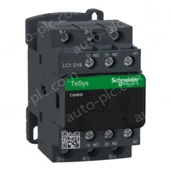 LC1D18B7 IEC contactor, TeSys Deca, nonreversing, 18A, 10HP at 480VAC, up to 100kA SCCR, 3 phase, 3 NO, 24VAC 50/60Hz coil, open