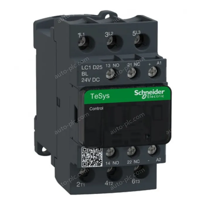 LC1D25BL IEC contactor, TeSys Deca, nonreversing, 25A, 15HP at 480VAC, up to 100kA SCCR, 3 phase, 3 NO, low consumption 24VDC coil