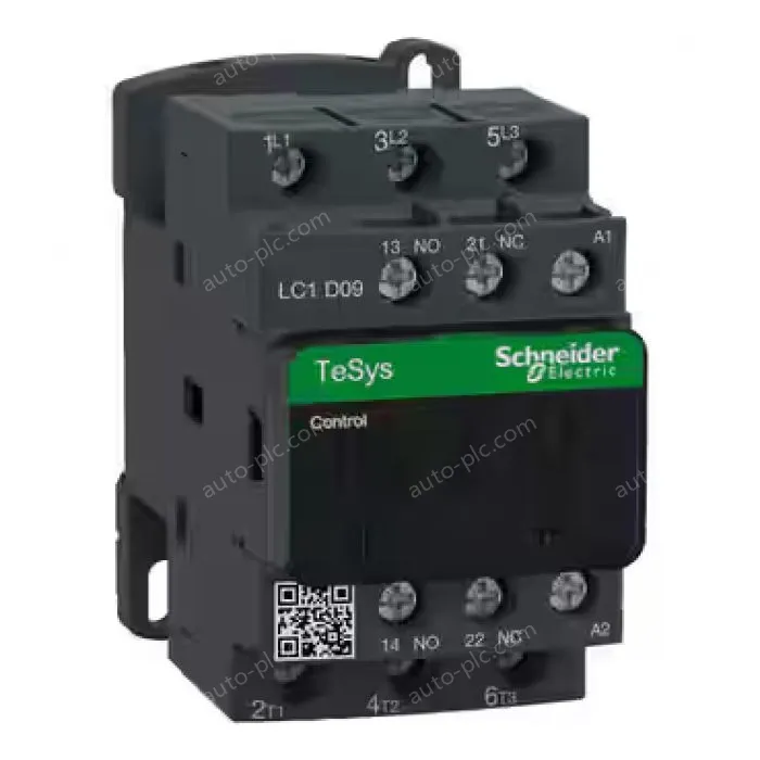 LC1D09M7 IEC contactor, TeSys Deca, nonreversing, 9A, 5HP at 480VAC, up to 100kA SCCR, 3 phase, 3 NO, 220VAC 50/60Hz coil, open style