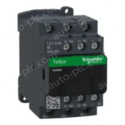 LC1D18BL IEC contactor, TeSys Deca, nonreversing, 18A, 10HP at 480VAC, up to 100kA SCCR, 3 phase, 3 NO, low consumption 24VDC coil