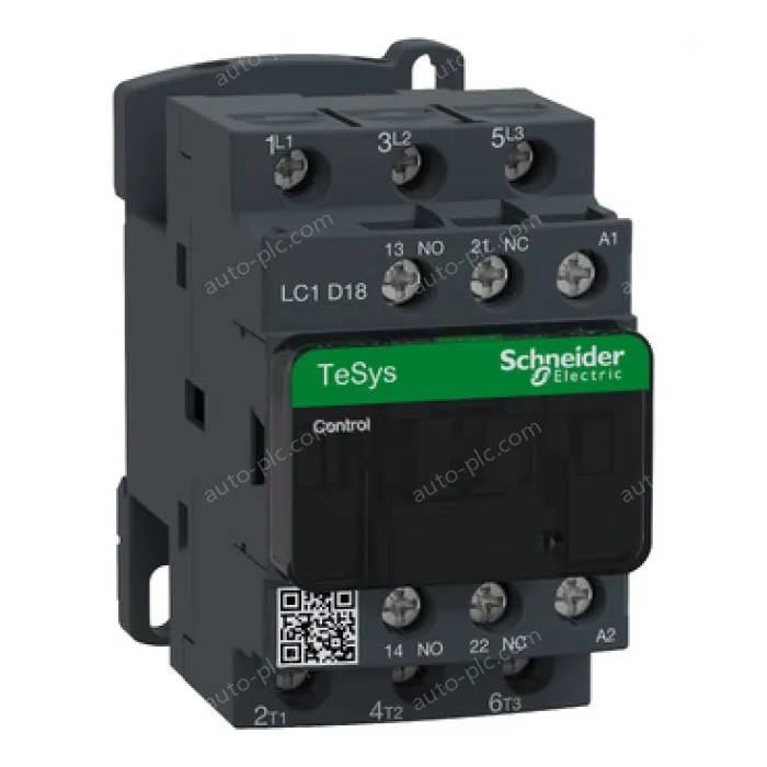 LC1D18M7 IEC contactor, TeSys Deca, nonreversing, 18A, 10HP at 480VAC, up to 100kA SCCR, 3 phase, 3 NO, 220VAC 50/60Hz coil, open