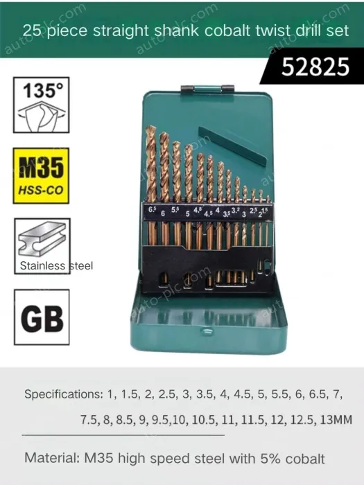 Set of 25 straight shanks containing cobalt twist drills