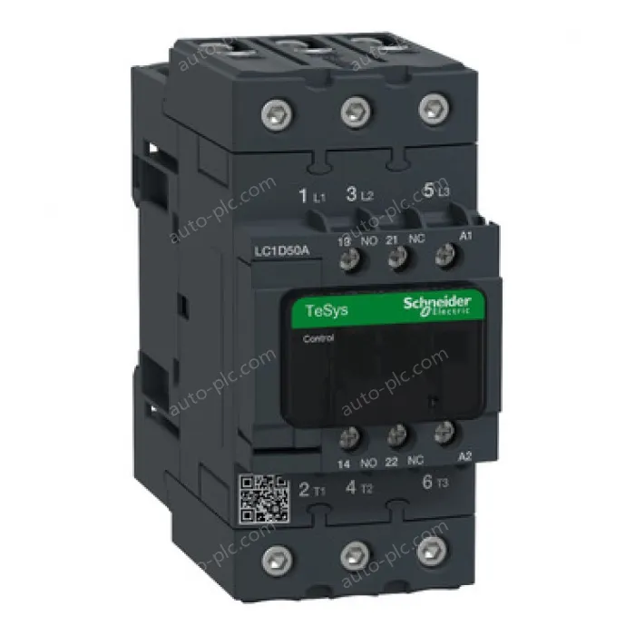 LC1D50AM7 IEC contactor, TeSys Deca, nonreversing, 50A, 40HP at 480VAC, up to 100kA SCCR, 3 phase, 3 NO, 220VAC 50/60Hz coil, open